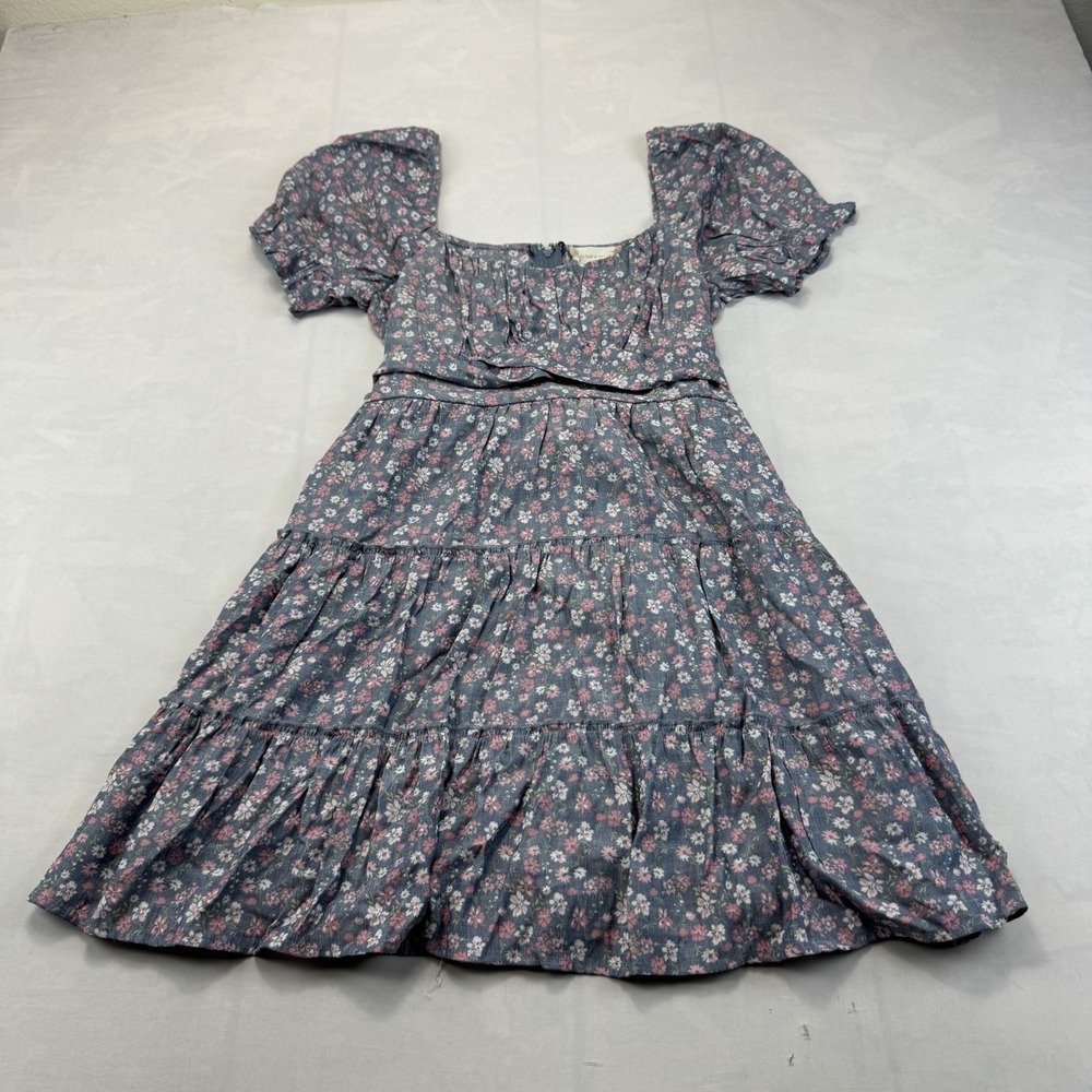 Altar'd State M Blue Floral Puff Sleeve Tiered Dress Square Neck